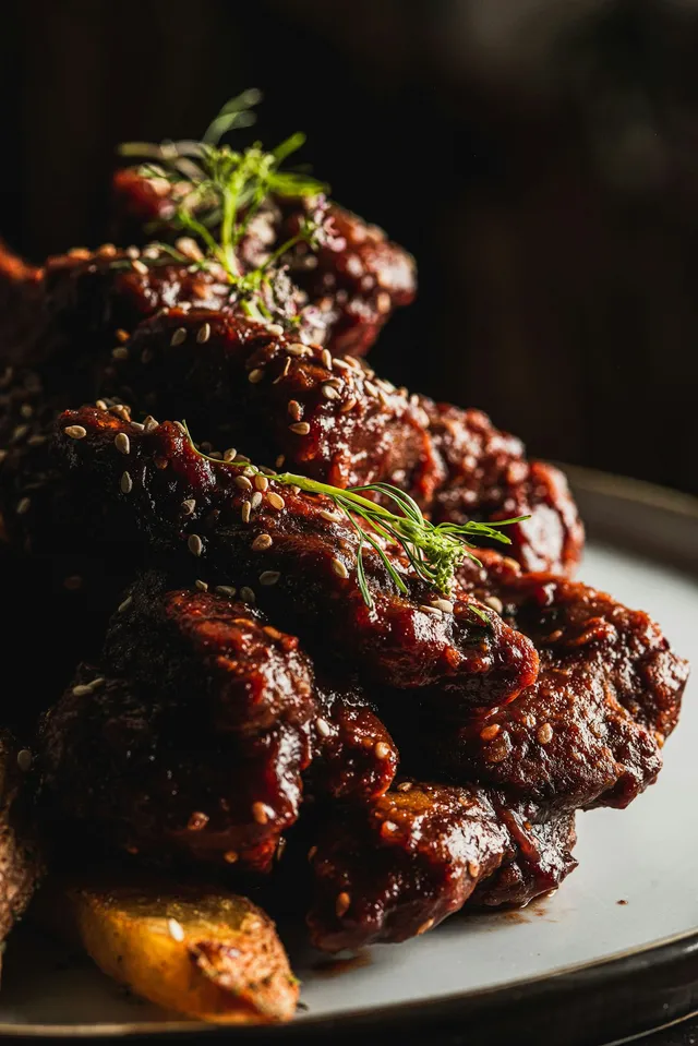 Sunday BBQ ribs, charred and glazed, off the coal grill